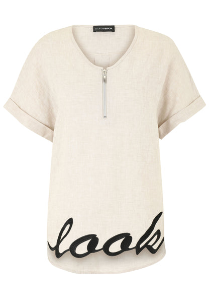 Leinen-Bluse mit Stickerei und Reißverschluss