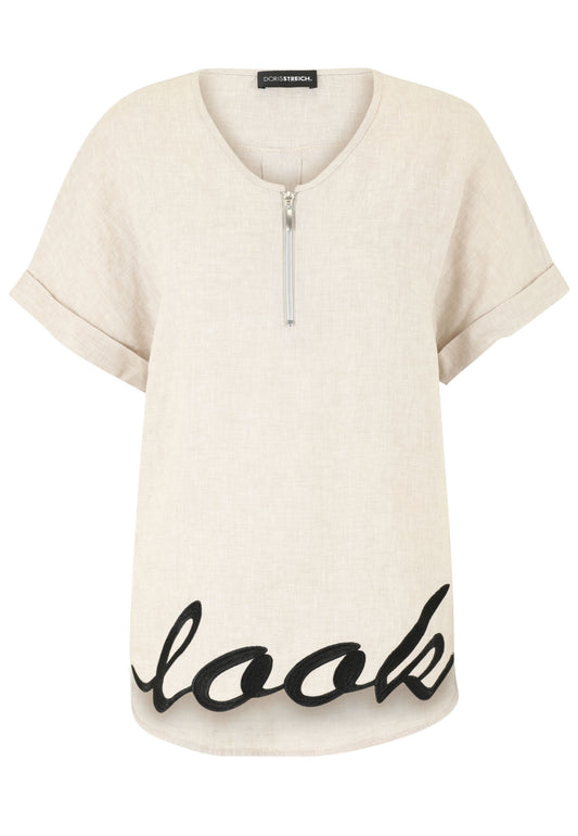 Leinen-Bluse mit Stickerei und Reißverschluss