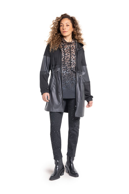 Long-Jacke mit Hoodie aus Lederimitat