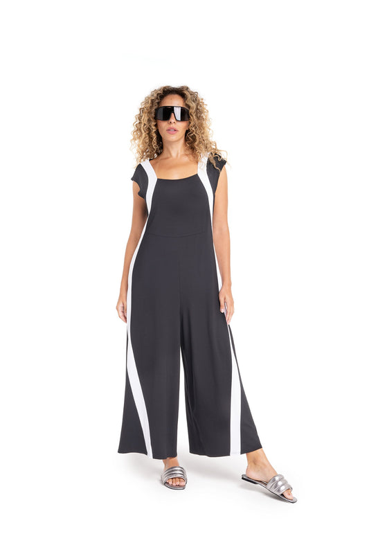 Jumpsuit aus Jersey Schwarz mit weißen Einsätzen