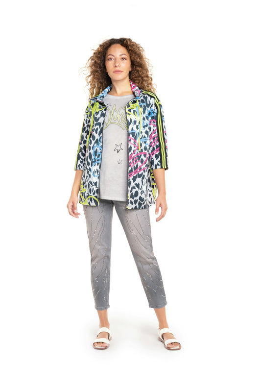 Jacke aus Sweatware, Leo-Print mit Graffiti-Details und Dreiviertelarm