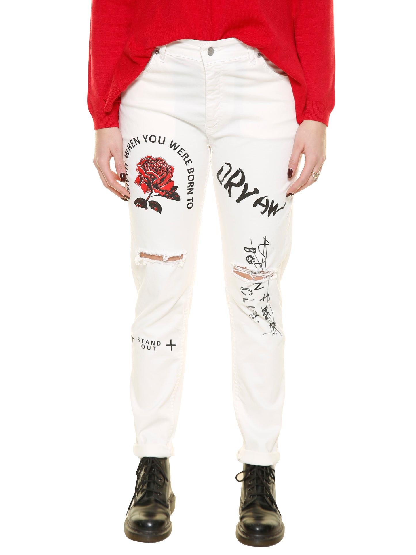 Weiße Jeans mit Rosenmotiv