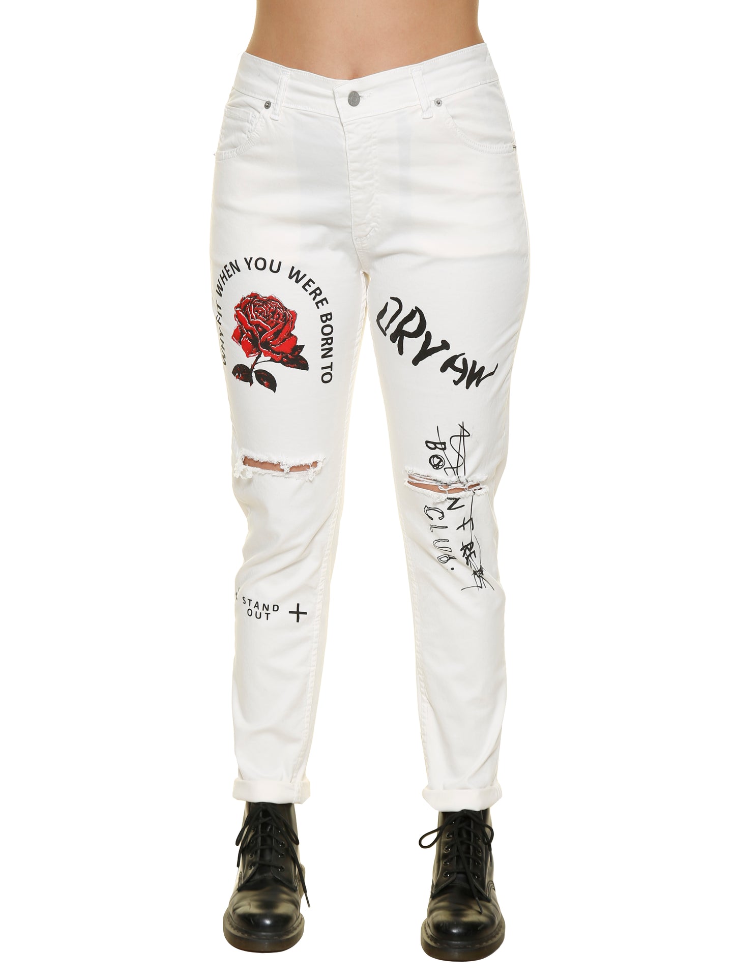 Weiße Jeans mit Rosenmotiv