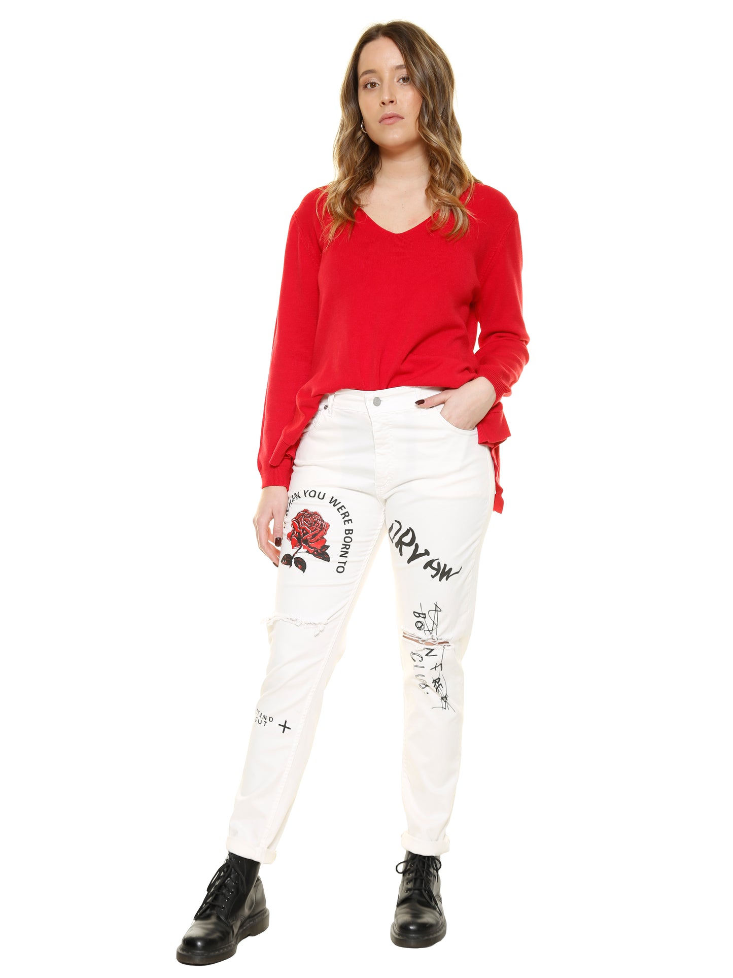 Weiße Jeans mit Rosenmotiv